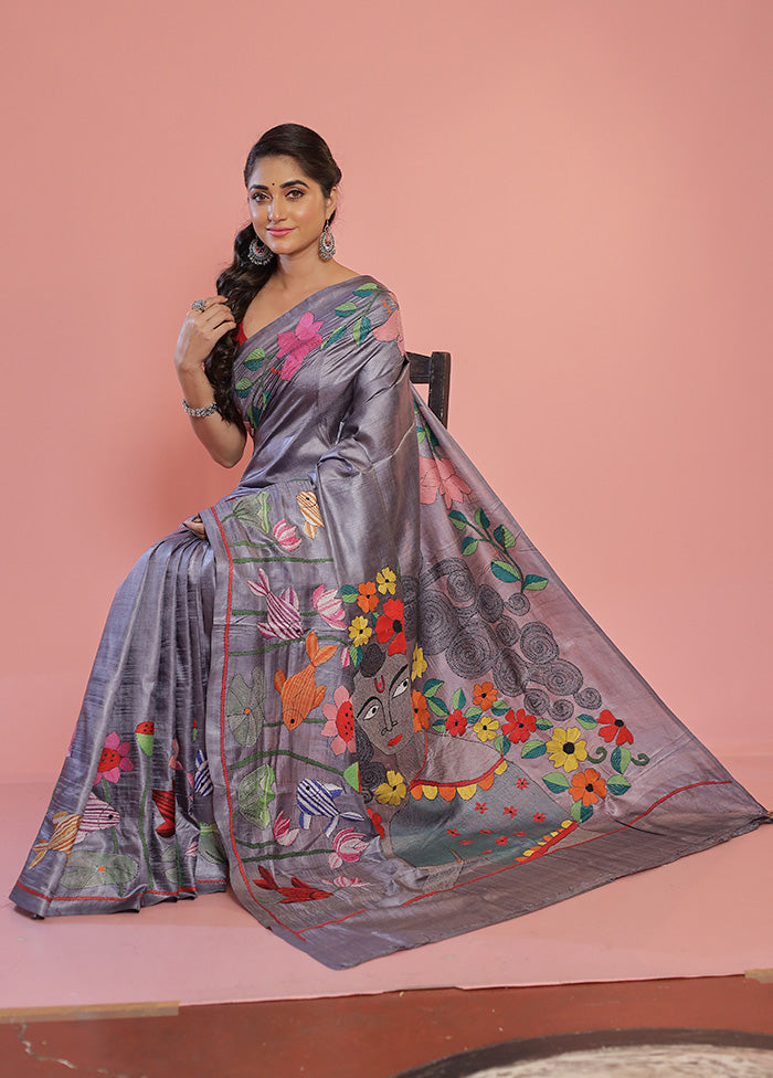 Grey Kantha Stitch Pure Silk Saree With Blouse Piece - Indian Silk House Agencies