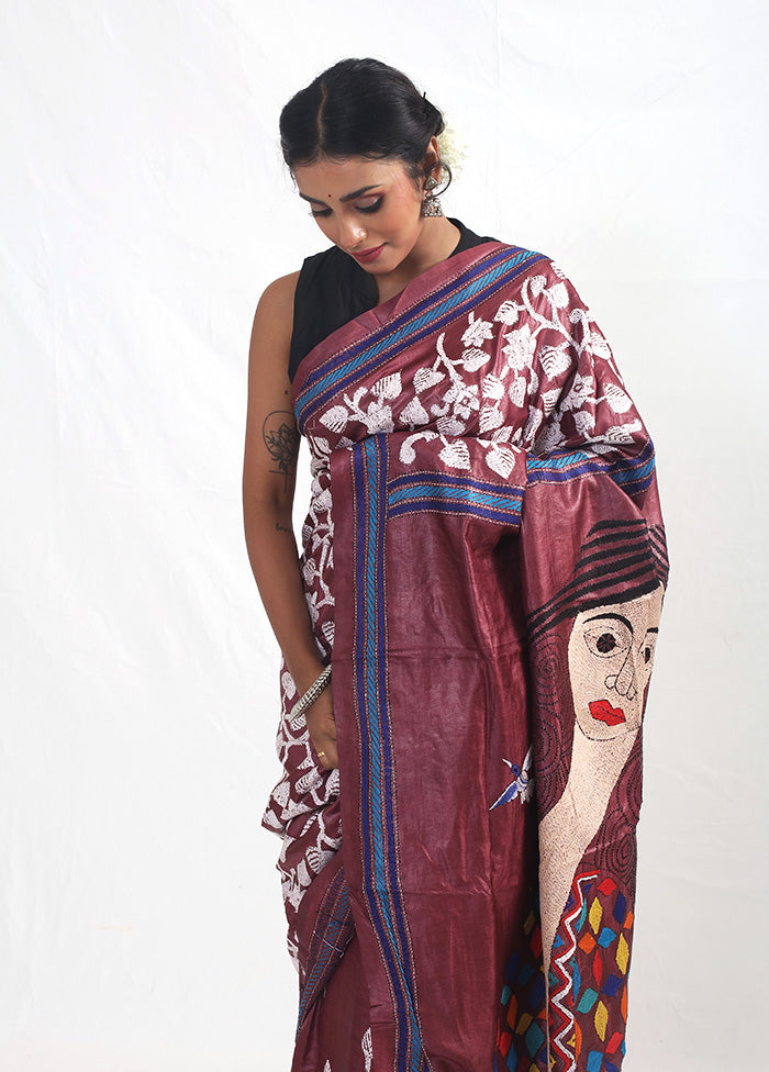 Purple Kantha Stitch Pure Silk Saree With Blouse Piece - Indian Silk House Agencies