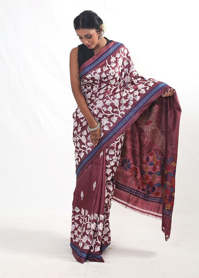 Purple Kantha Stitch Pure Silk Saree With Blouse Piece - Indian Silk House Agencies