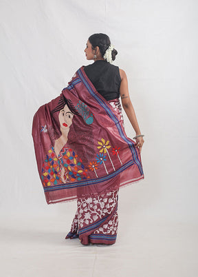 Purple Kantha Stitch Pure Silk Saree With Blouse Piece - Indian Silk House Agencies