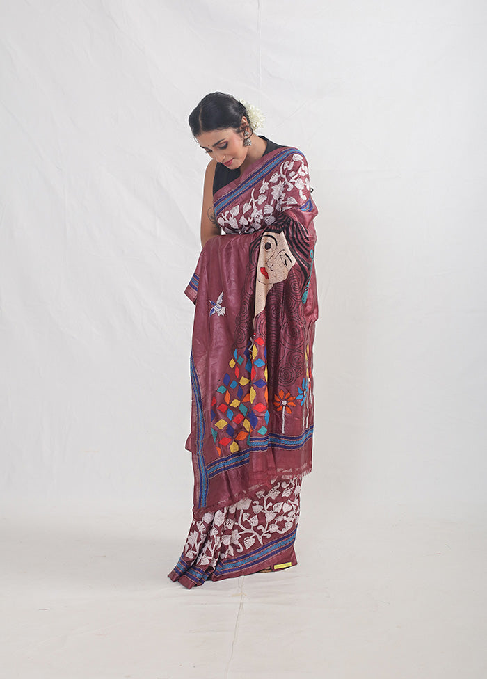 Purple Kantha Stitch Pure Silk Saree With Blouse Piece - Indian Silk House Agencies