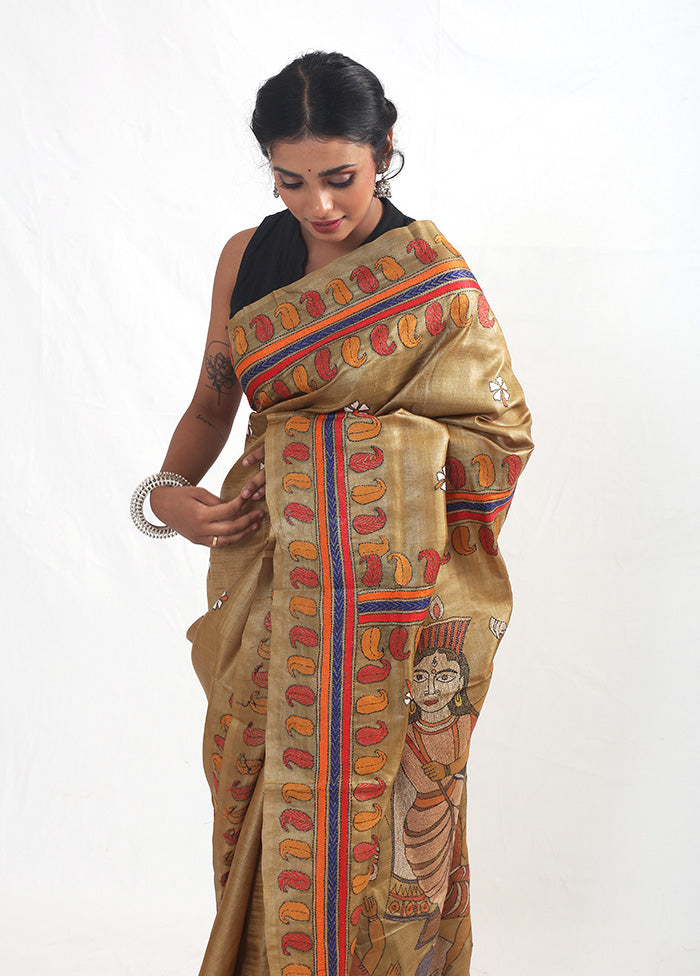 Brown Kantha Stitch Pure Silk Saree With Blouse Piece - Indian Silk House Agencies