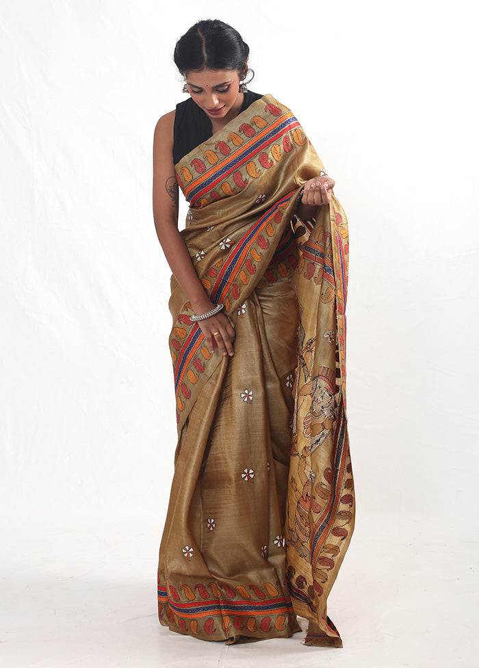 Brown Kantha Stitch Pure Silk Saree With Blouse Piece - Indian Silk House Agencies