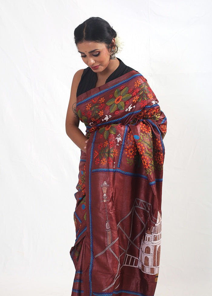 Purple Kantha Stitch Pure Silk Saree With Blouse Piece - Indian Silk House Agencies