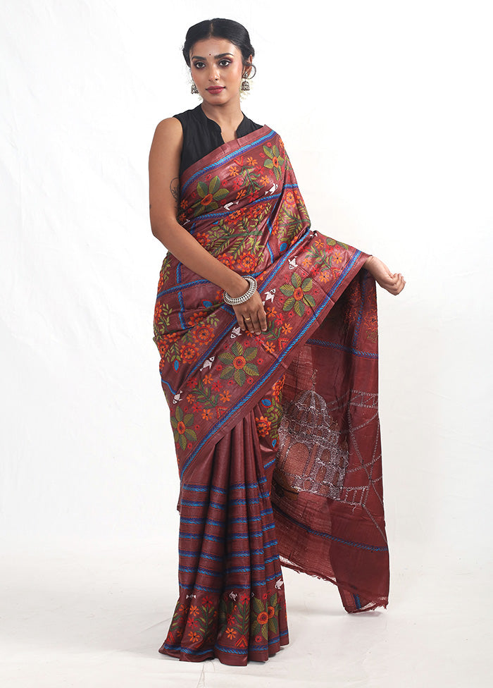 Purple Kantha Stitch Pure Silk Saree With Blouse Piece - Indian Silk House Agencies