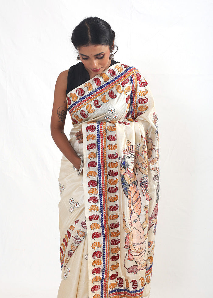 Cream Kantha Stitch Pure Silk Saree With Blouse Piece - Indian Silk House Agencies