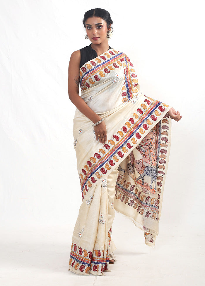 Cream Kantha Stitch Pure Silk Saree With Blouse Piece - Indian Silk House Agencies