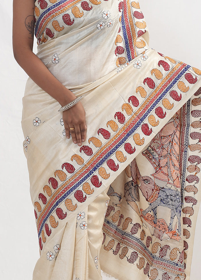 Cream Kantha Stitch Pure Silk Saree With Blouse Piece - Indian Silk House Agencies