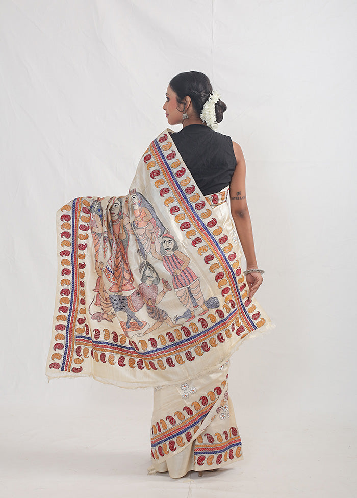 Cream Kantha Stitch Pure Silk Saree With Blouse Piece - Indian Silk House Agencies