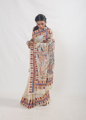 Cream Kantha Stitch Pure Silk Saree With Blouse Piece - Indian Silk House Agencies