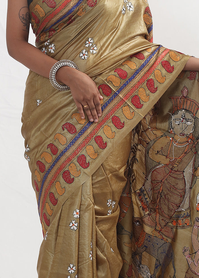 Green Kantha Stitch Pure Silk Saree With Blouse Piece - Indian Silk House Agencies