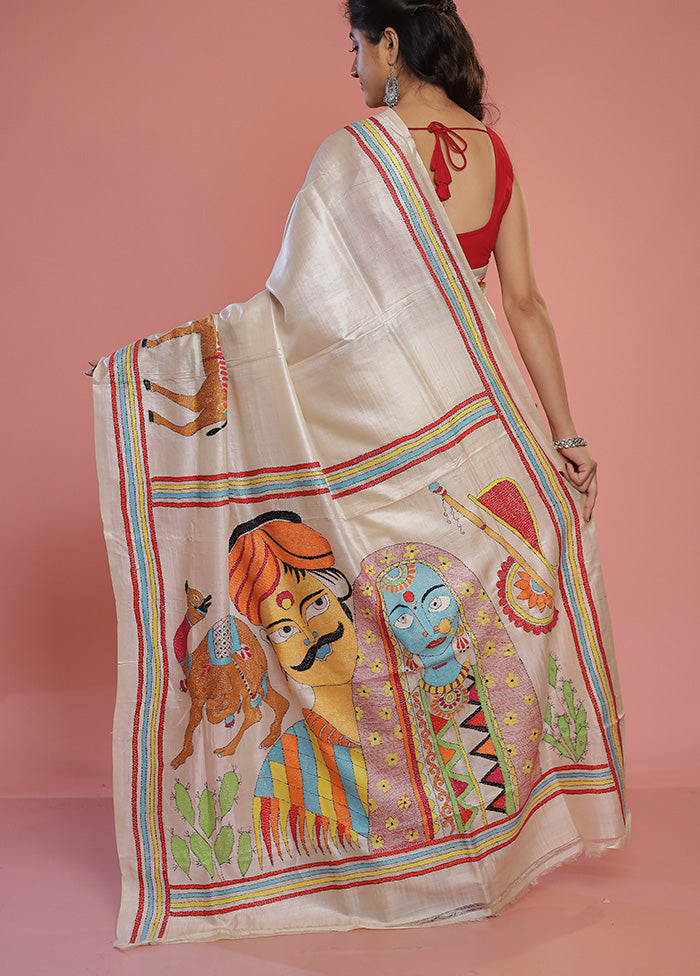 White Kantha Stitch Pure Silk Saree With Blouse Piece - Indian Silk House Agencies