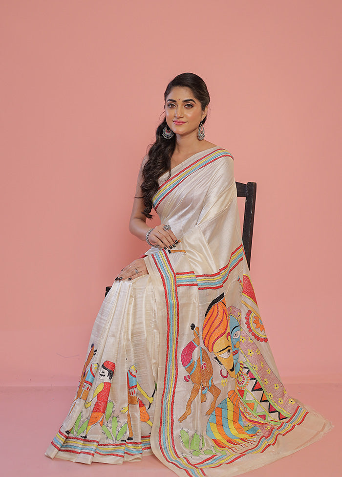 White Kantha Stitch Pure Silk Saree With Blouse Piece