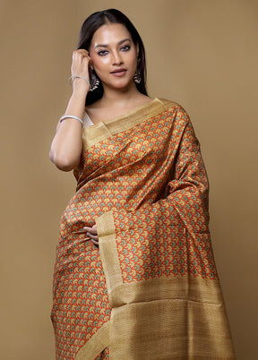 Rust Printed Pure Silk Saree Without Blouse Piece