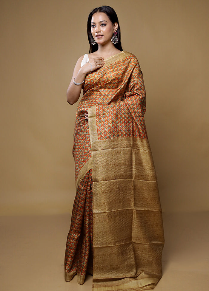 Rust Printed Pure Silk Saree Without Blouse Piece