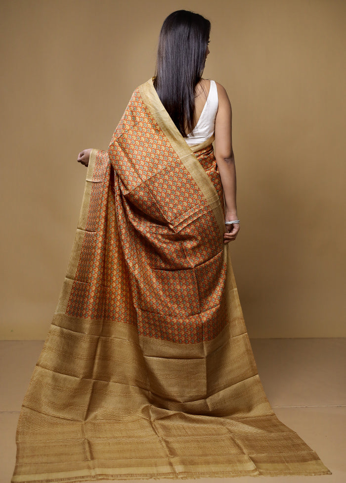 Rust Printed Pure Silk Saree Without Blouse Piece