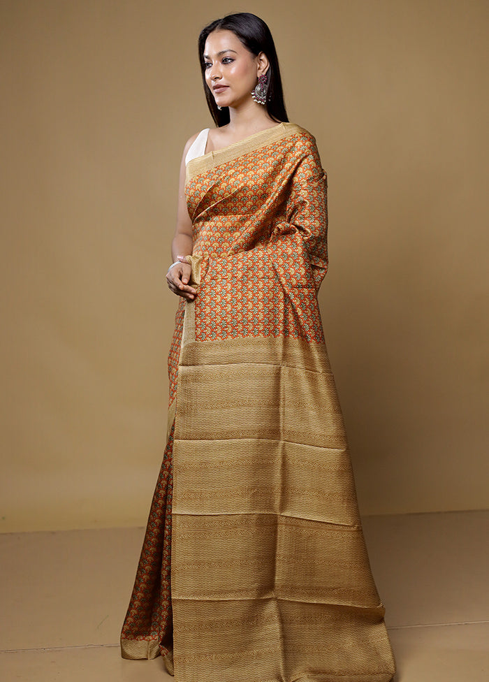 Rust Printed Pure Silk Saree Without Blouse Piece