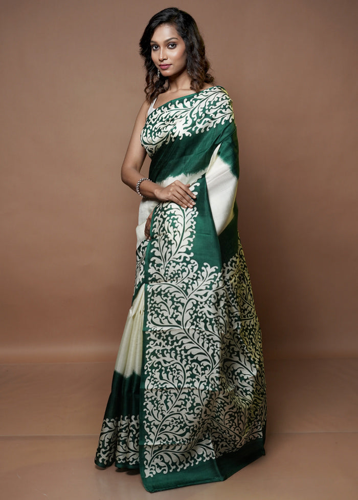 Green Printed Pure Silk Saree Without Blouse Piece