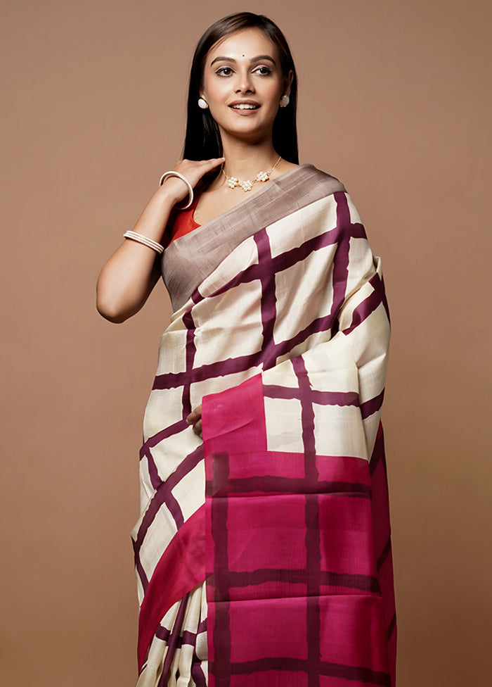 Cream Printed Pure Silk Saree Without Blouse Piece