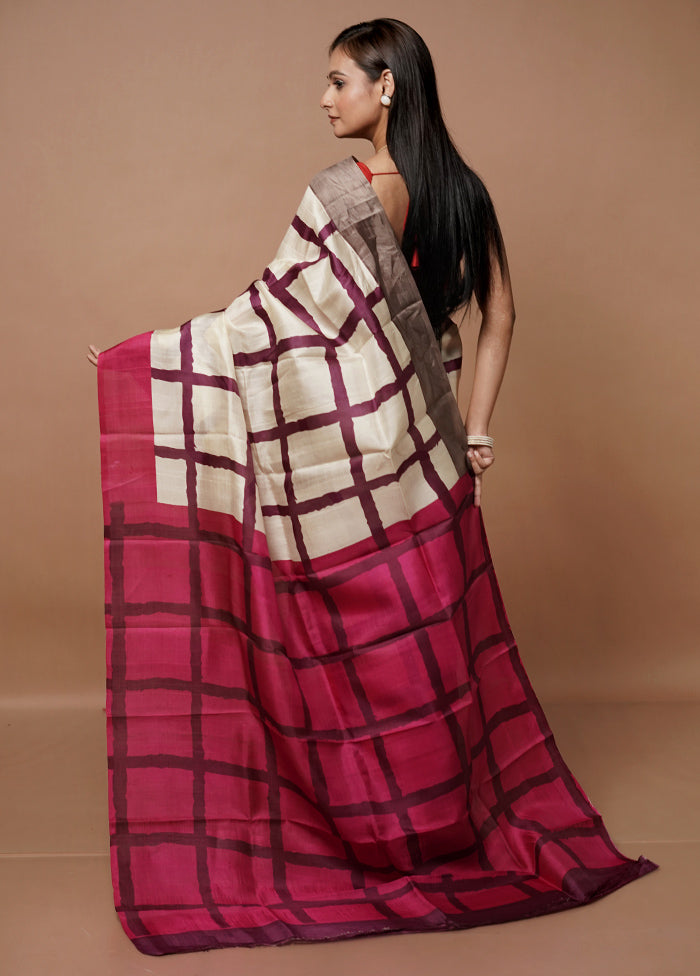 Cream Printed Pure Silk Saree Without Blouse Piece