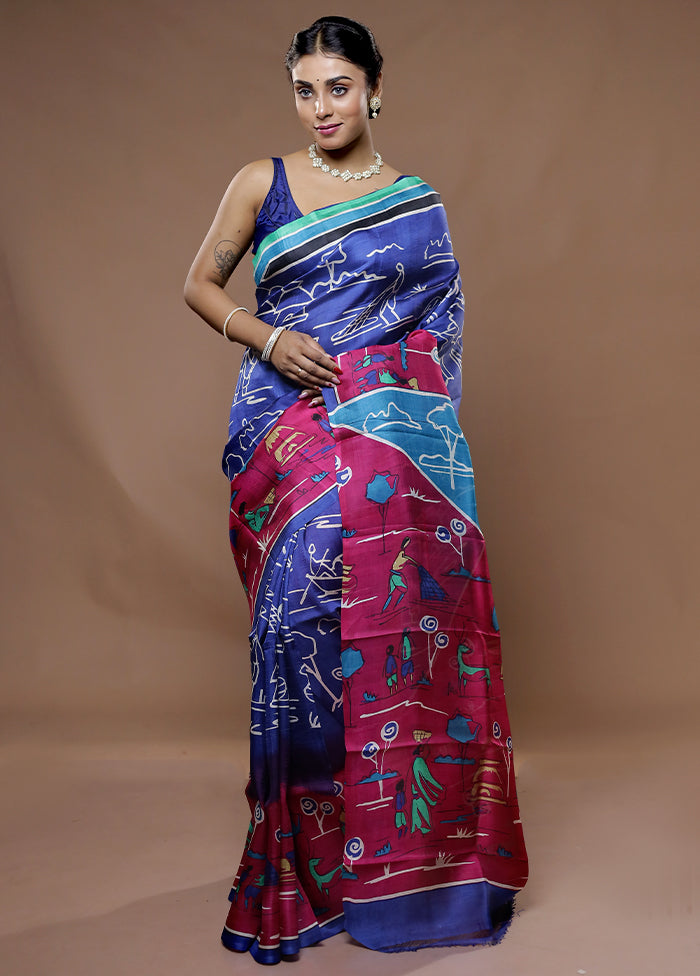 Purple Printed Pure Silk Saree With Blouse Piece - Indian Silk House Agencies