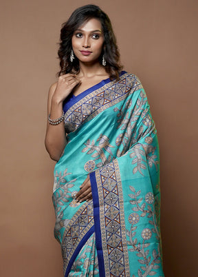 Blue Printed Pure Silk Saree Without Blouse Piece