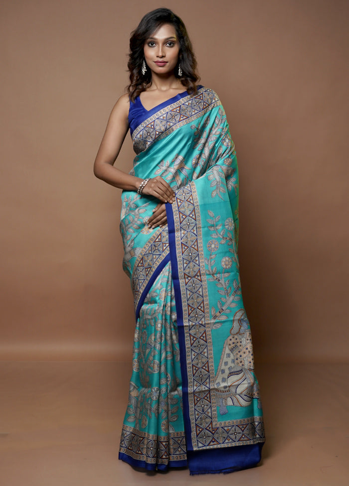 Blue Printed Pure Silk Saree Without Blouse Piece