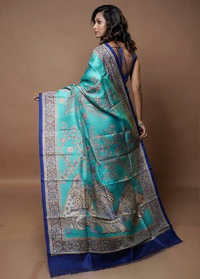 Blue Printed Pure Silk Saree Without Blouse Piece