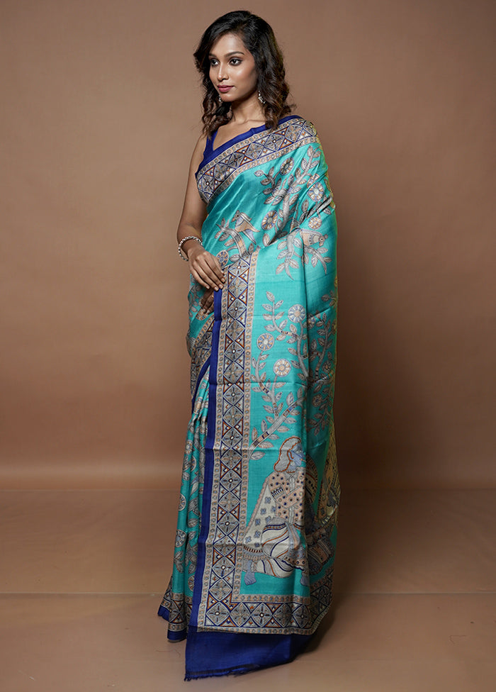 Blue Printed Pure Silk Saree Without Blouse Piece