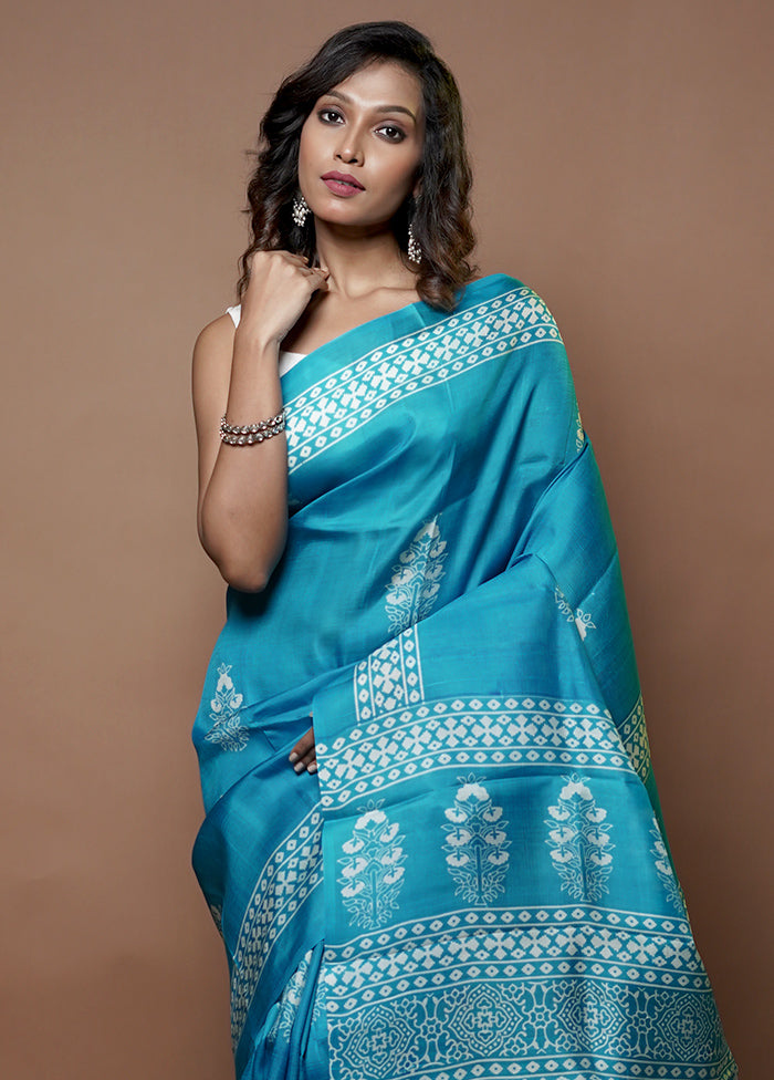 Blue Printed Pure Silk Saree Without Blouse Piece