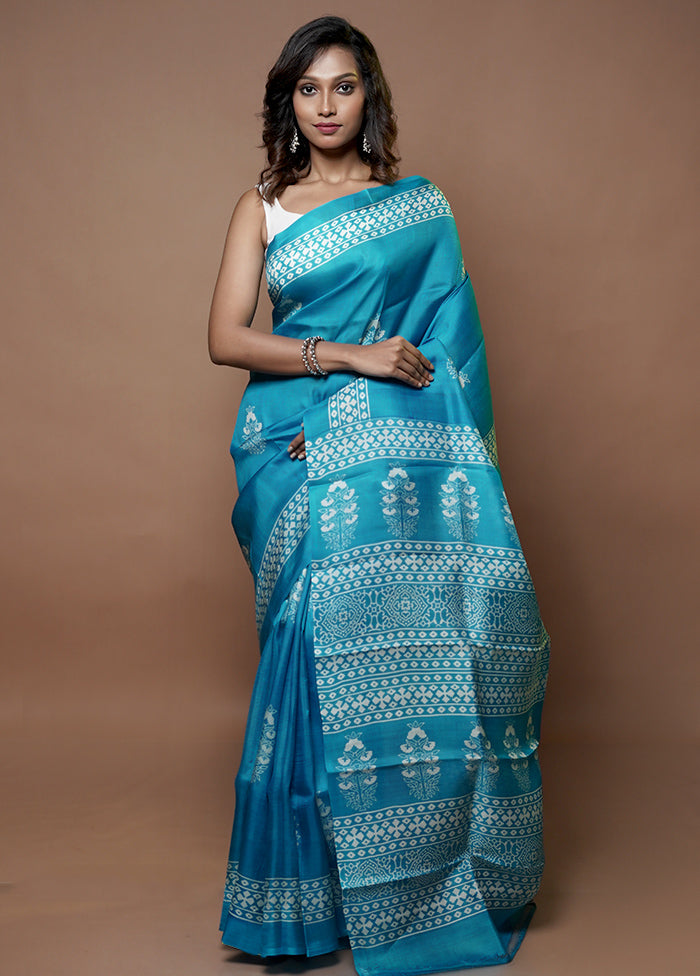 Blue Printed Pure Silk Saree Without Blouse Piece