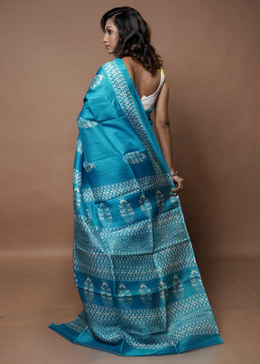 Blue Printed Pure Silk Saree Without Blouse Piece