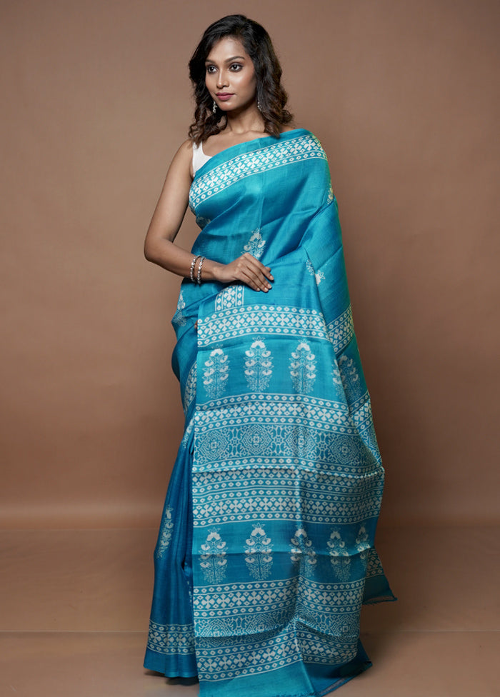 Blue Printed Pure Silk Saree Without Blouse Piece