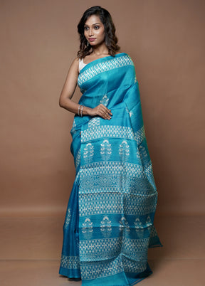 Blue Printed Pure Silk Saree With Blouse Piece