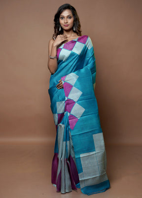 Blue Printed Pure Silk Saree Without Blouse Piece