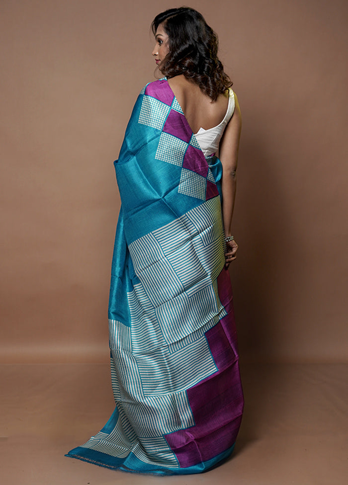 Blue Printed Pure Silk Saree Without Blouse Piece