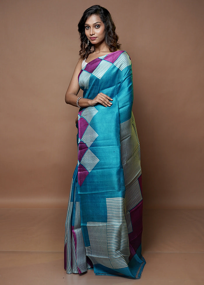 Blue Printed Pure Silk Saree Without Blouse Piece