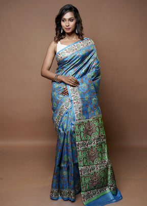 Blue Printed Pure Silk Saree Without Blouse Piece