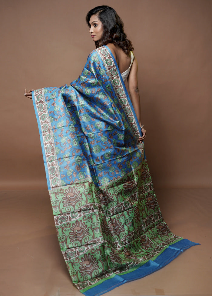 Blue Printed Pure Silk Saree Without Blouse Piece