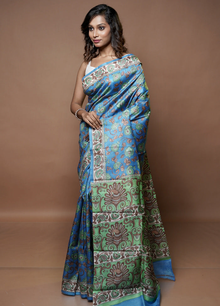 Blue Printed Pure Silk Saree Without Blouse Piece