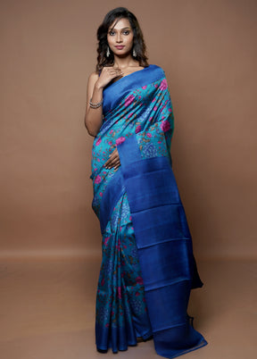 Blue Printed Pure Silk Saree With Blouse Piece