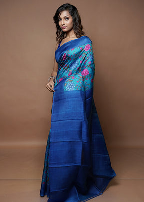 Blue Printed Pure Silk Saree With Blouse Piece