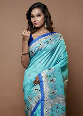 Blue Printed Pure Silk Saree Without Blouse Piece