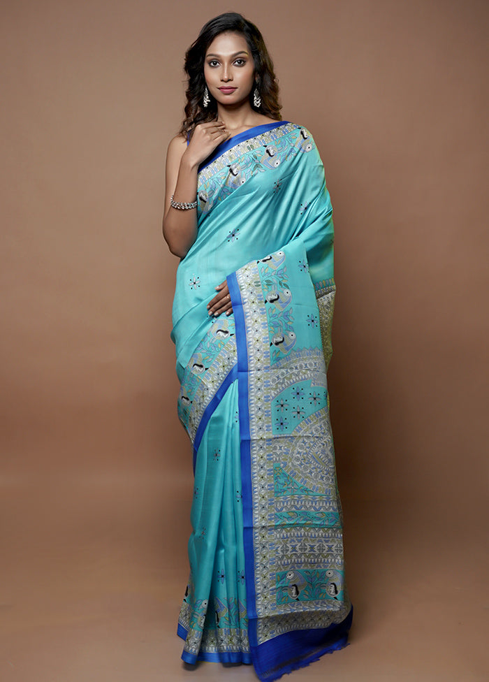 Blue Printed Pure Silk Saree Without Blouse Piece