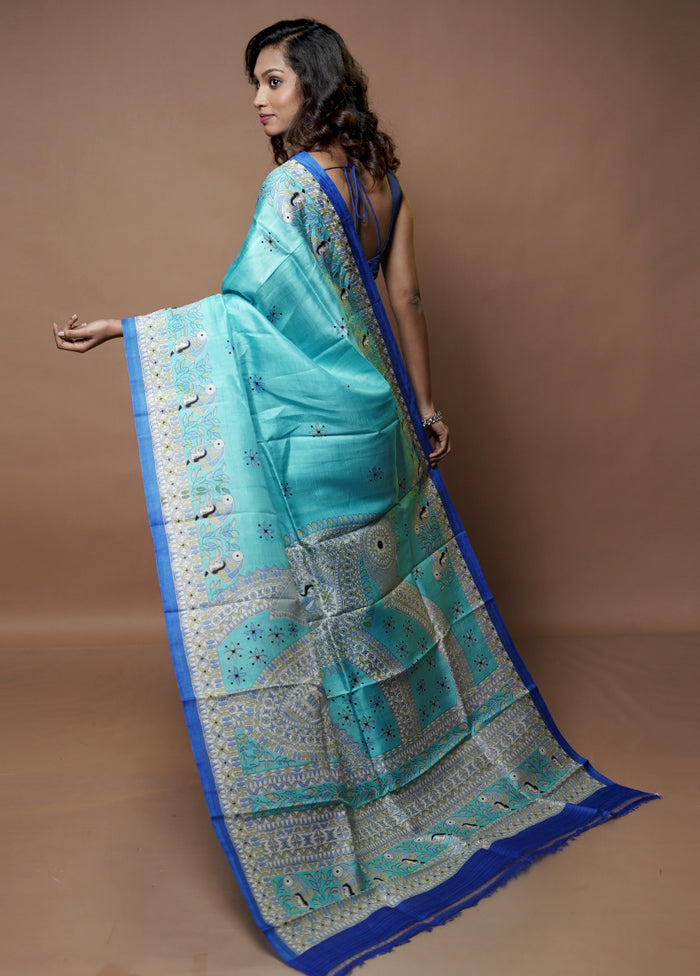 Blue Printed Pure Silk Saree Without Blouse Piece