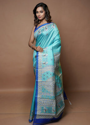 Blue Printed Pure Silk Saree Without Blouse Piece