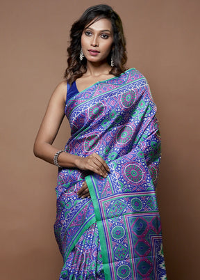 Blue Printed Pure Silk Saree Without Blouse Piece