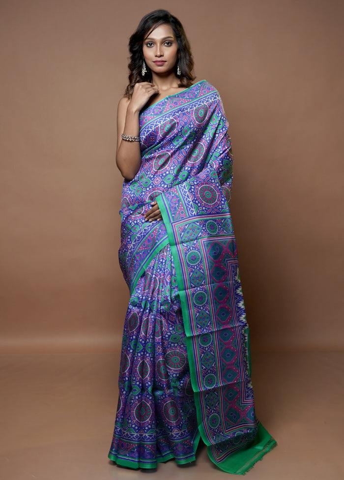 Blue Printed Pure Silk Saree Without Blouse Piece