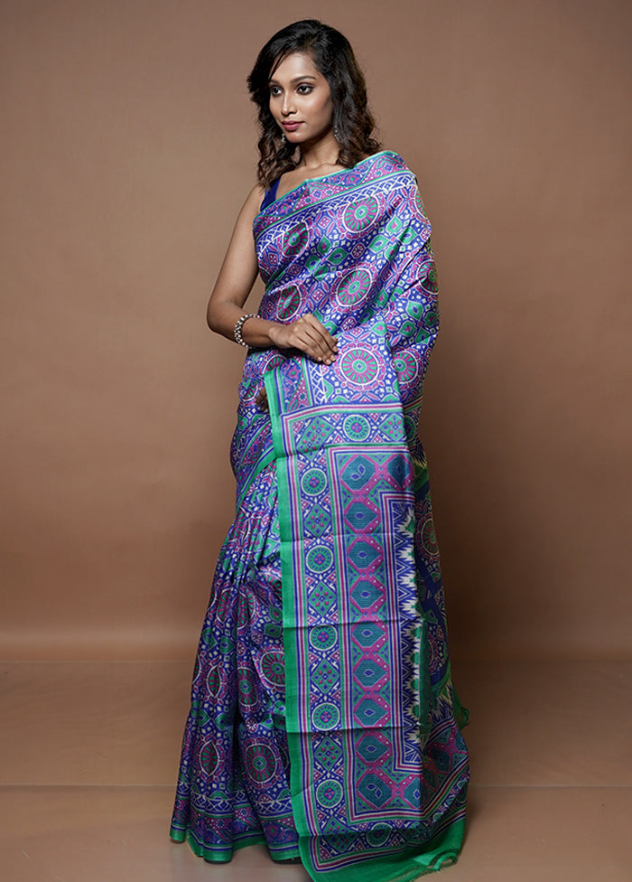 Blue Printed Pure Silk Saree Without Blouse Piece