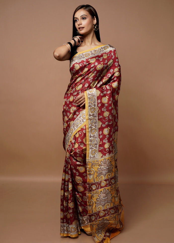 Red Printed Pure Silk Saree Without Blouse Piece